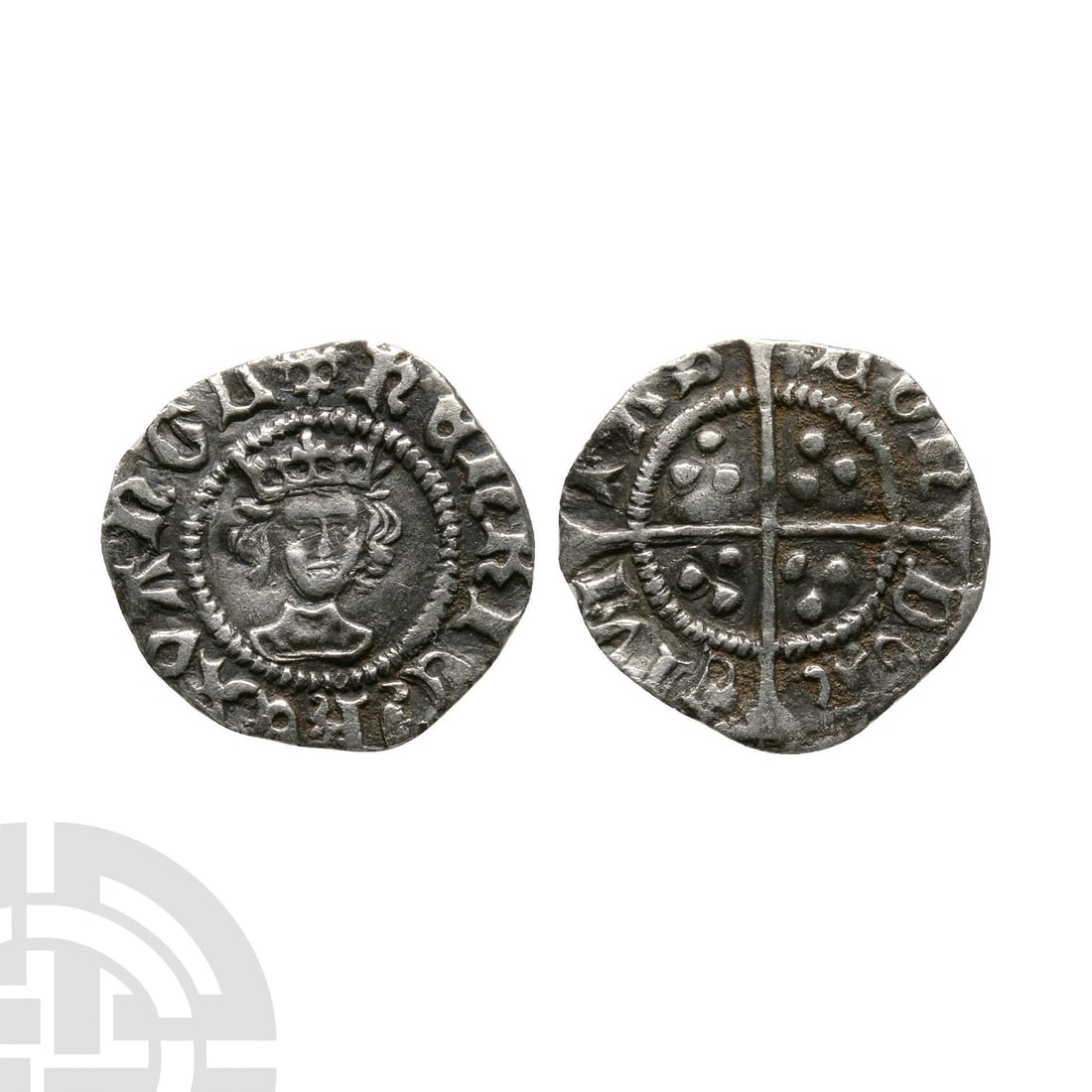 English Medieval Coins - Henry VI - London - Leaf Mascle AR Halfpenny: 1432/3-1436 A.D. Obv: facing bust with HENRIC REX ANGL legend, leaf before REX and mascle before ANGL, mint mark cross fleury. Rev: long cross, three pellets in angles, CIVI TAS LON DON legend. S.1895