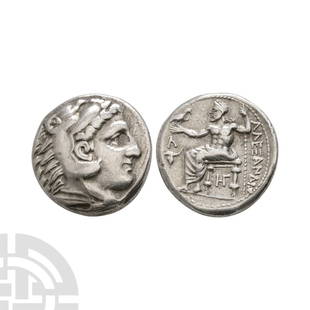 Ancient Greek Coins - Macedonia - Alexander III (The Great) under Kassander - Zeus AR Tetradrachm: Circa 310-307 B.C. Amphipolis mint. Obv: head of Herakles right, wearing lion skin headdress. Rev: Zeus Aëtophoros seated left, holding sceptre; ? above bucranium in left field, monogram below throne