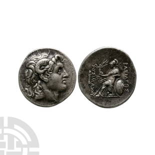 Ancient Greek Coins - Thrace - Lysimachos - Athena AR Tetradrachm: Circa 297-281 B.C. Lampsakos mint. Obv: diademed head of the deified Alexander right, with horn of Ammon. Rev: BA?I?E?? ?Y?IMAXOY with Athena seated left, holding Nike, shield against throne, monogram