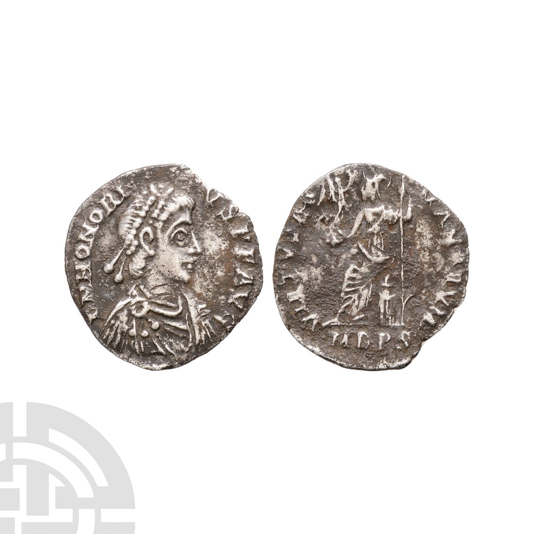 Ancient Roman Imperial Coins - Honorius - Roma AR Siliqua: 395-423 A.D. Milan mint. Obv: DN HONORI-VS PF AVG legend with pearl diademed, draped, cuirassed bust right. Rev: VIRTVS RO-MANORVM legend with Roma seated left on cuirass, holding Victory (with wreath