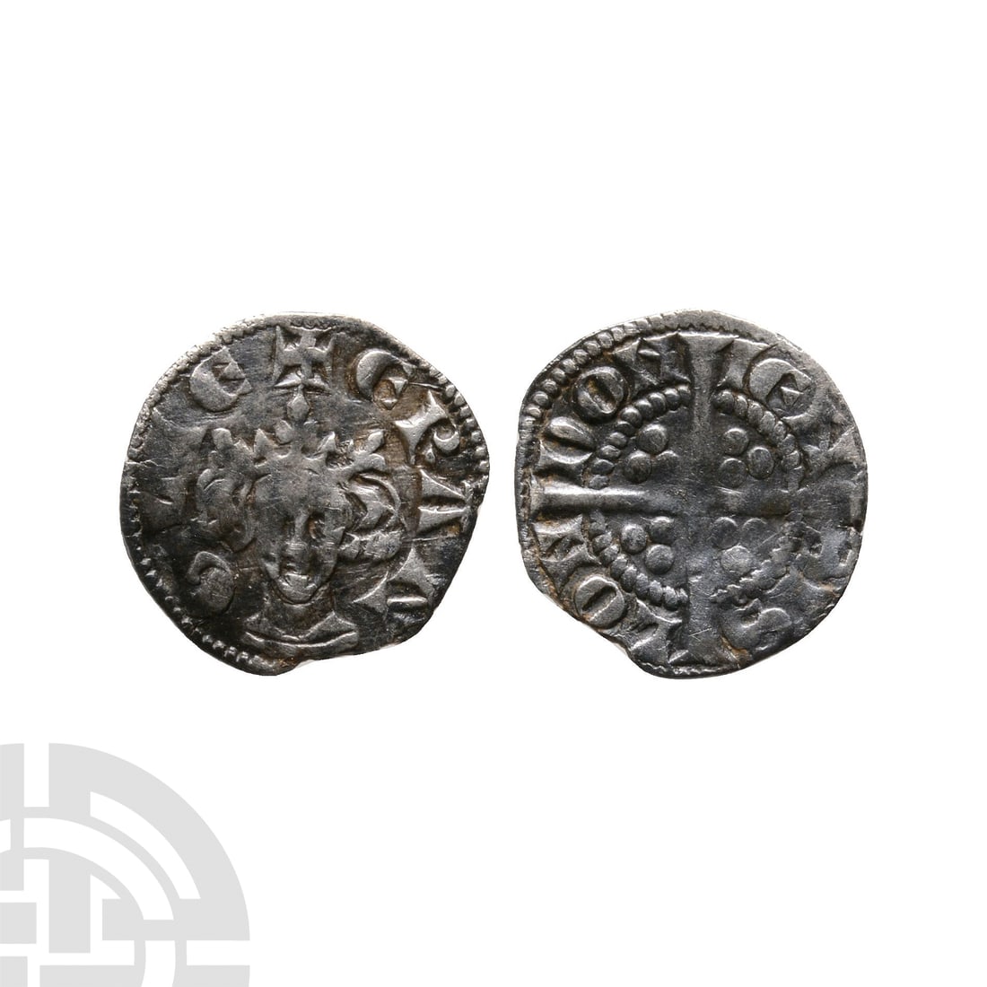 English Medieval Coins - Edward I - London - AR Farthing: 1279-1307 A.D. New coinage, class 3. Obv: facing bust with +E R ANGLIE legend. Rev: long cross and pellets dividing LON DON IEN SIS legend for London mint. S. 1445A; N. 1053. 0.32 grams. . Property of