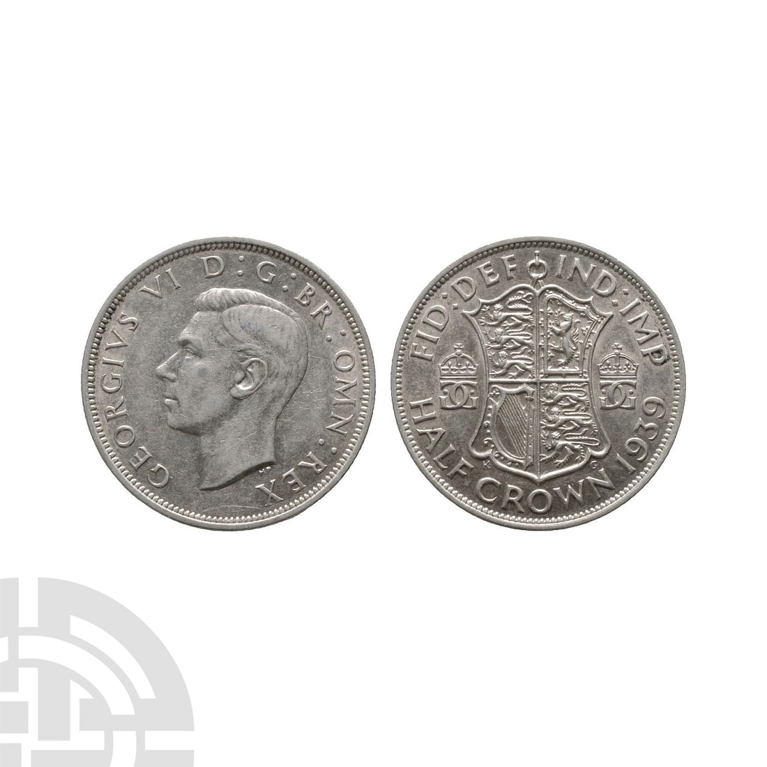 English Milled Coins - George VI - 1939 Halfcrown: Dated 1939 A.D. Obv: profile bust with GEORGIVS VI D G BR OMN REX legend. Rev: arms flanked by crowned monograms with FID DEF IND IMP HALF CROWN legend and date. S. 4080. 14.12 grams. . Property of an