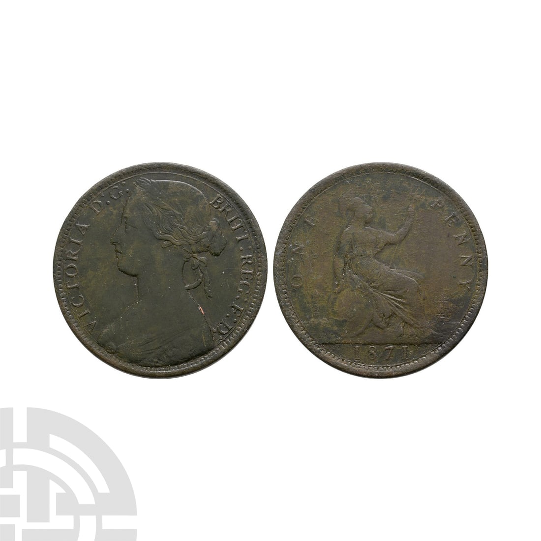 English Milled Coins - Victoria - 1871 - Bun Head AE Penny: Dated 1871 A.D. Bun head, dies 6G. Obv: profile bust with VICTORIA D G BRITT REG F D legend. Rev: Britannia seated with ONE PENNY legend; date in exergue. S. 3954; Peck 1687; Fr. 61. 8.81 grams. . Pro