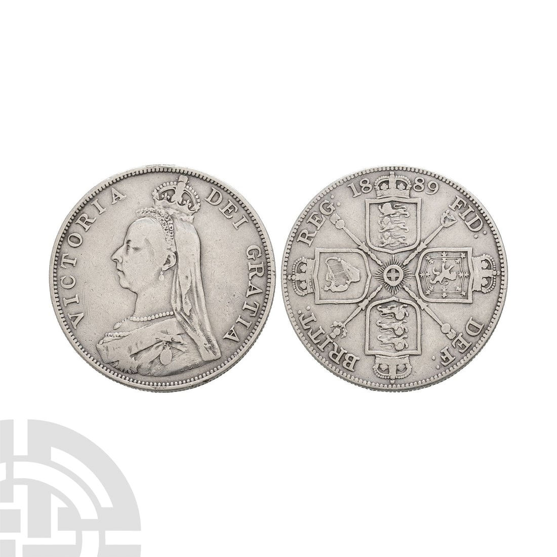 English Milled Coins - Victoria - 1889 - Jubilee Head AR Double Florin: Dated 1889 A.D. Obv: profile bust with VICTORIA DEI GRATIA legend. Rev: cruciform arms and sceptres with BRITT REG FID DEF legend and date. S. 3923. 22.25 grams. . Property of an Essex gentleman. [No 