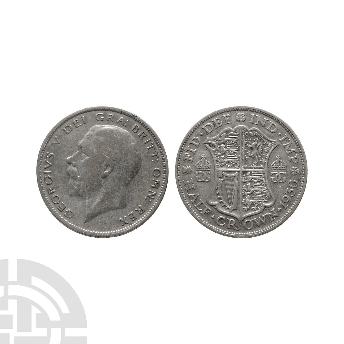 English Milled Coins - George V - 1930 - Halfcrown: Dated 1930 A.D. Fourth coinage. Obv: profile bust with GEORGIVS V DEI GRA BRITT OMN REX legend. Rev: arms with date and FID DEF HALF CROWN legend. S. 4037; ESC 779 (R2). 13.91 grams. . Property of an 