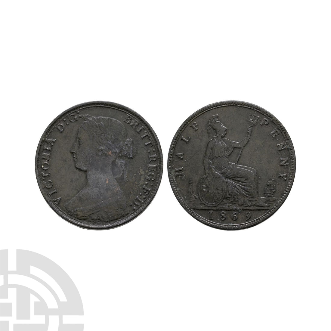 English Milled Coins - Victoria - 1869 - Bun Head AE Halfpenny: Dated 1869 A.D. Obv: profile bust with VICTORIA D G BRITT REG F D legend. Rev: Britannia seated with lighthouse to left and HALFPENNY legend; date in exergue. Very fine, heavily patinated, a key date 
