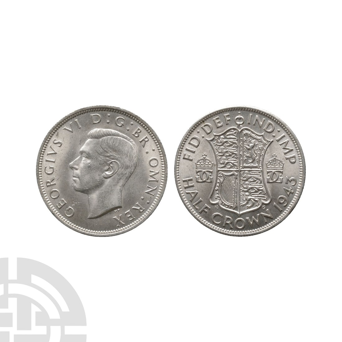 English Milled Coins - George VI - 1943 Halfcrown: Dated 1943 A.D. Obv: profile bust with GEORGIVS VI D G BR OMN REX legend. Rev: arms flanked by crowned monograms with FID DEF IND IMP HALF CROWN legend and date. S. 4080. 14.19 grams. . Property of an