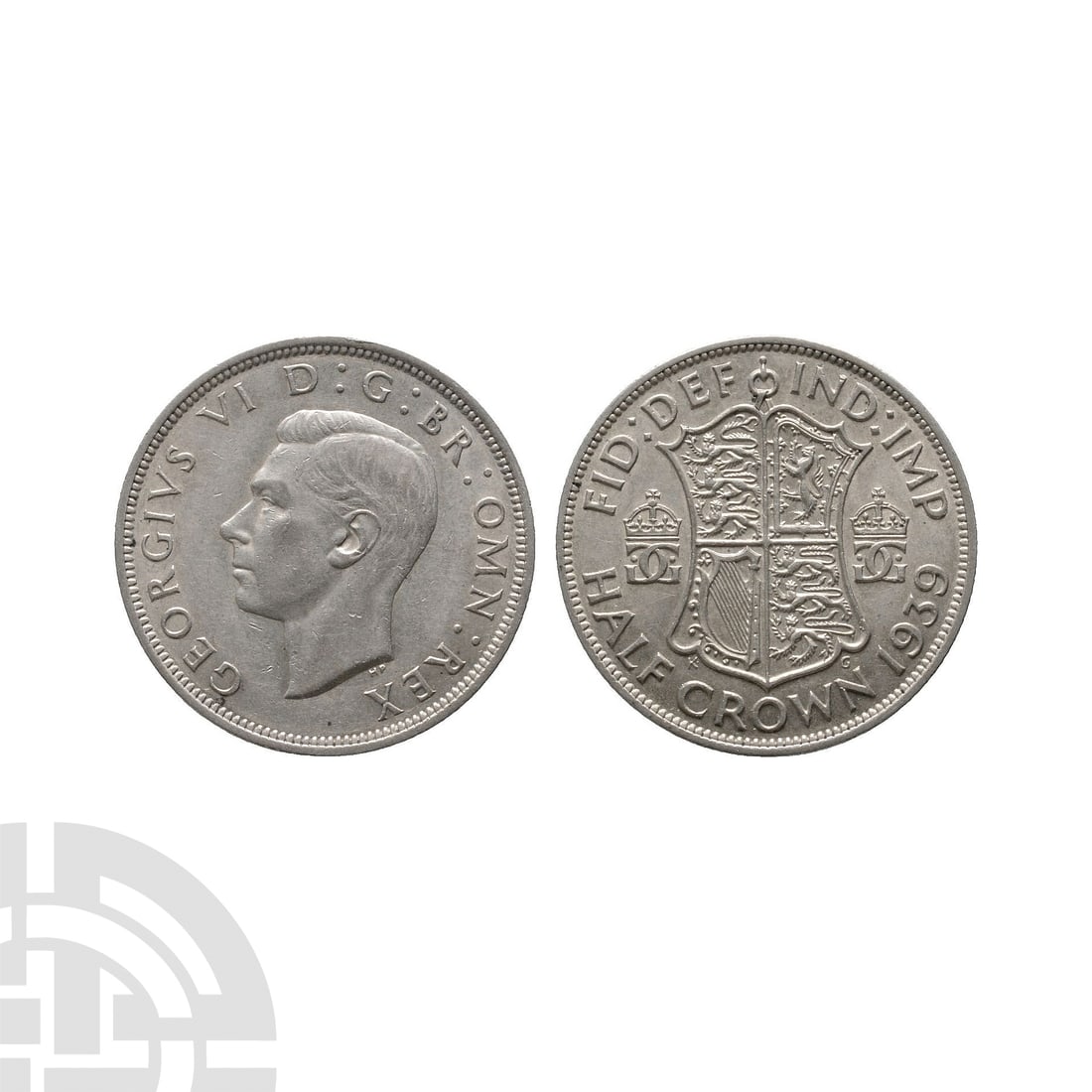 English Milled Coins - George VI - 1939 Halfcrown: Dated 1939 A.D. Obv: profile bust with GEORGIVS VI D G BR OMN REX legend. Rev: arms flanked by crowned monograms with FID DEF IND IMP HALF CROWN legend and date. S. 4080. 14.13 grams. . Property of an