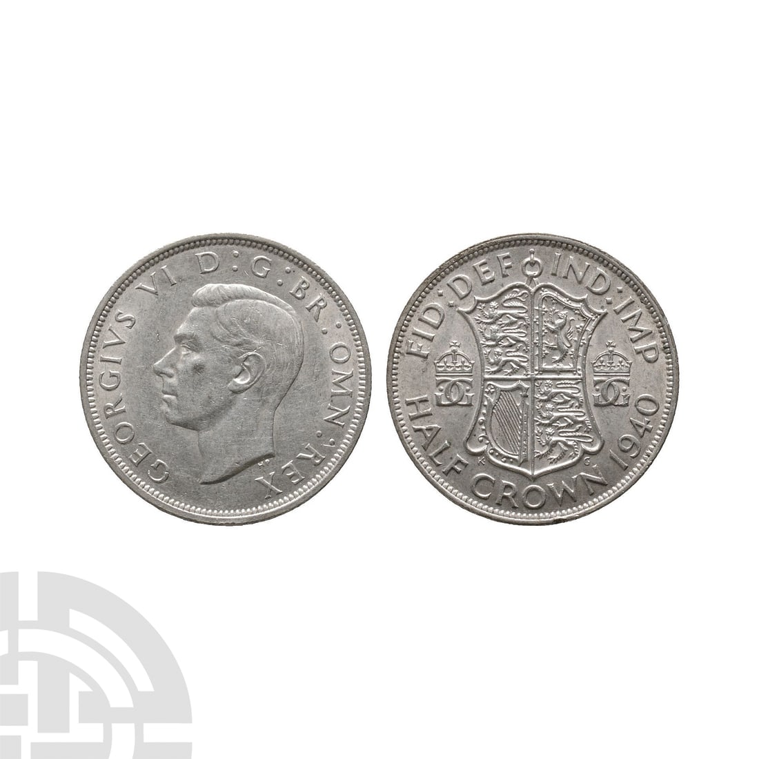 English Milled Coins - George VI - 1940 Halfcrown: Dated 1940 A.D. Obv: profile bust with GEORGIVS VI D G BR OMN REX legend. Rev: arms flanked by crowned monograms with FID DEF IND IMP HALF CROWN legend and date. S. 4080. 14.08 grams. . Property of an