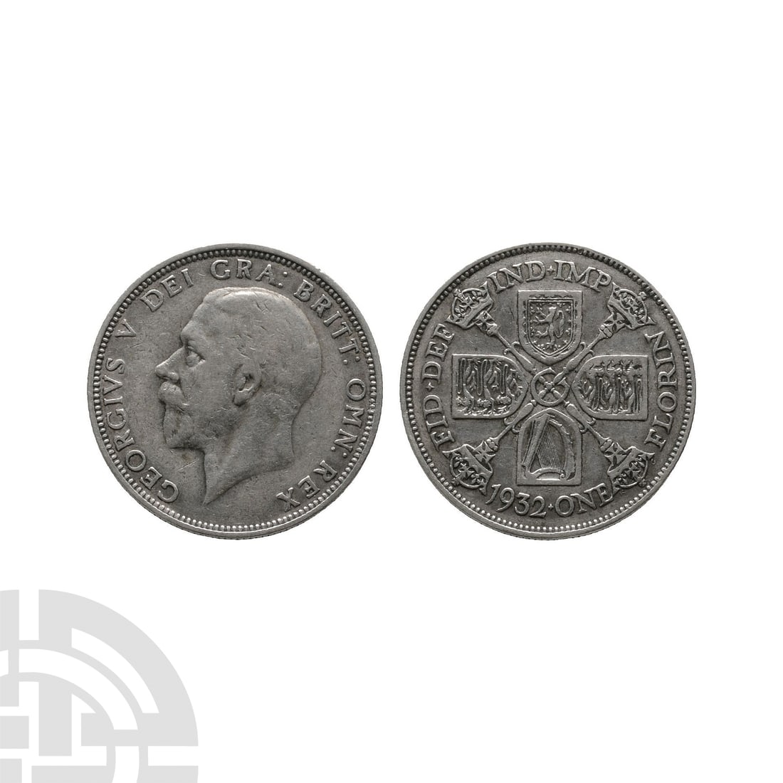 English Milled Coins - George V - 1932 Florin: Dated 1932 A.D. Fourth coinage. Obv: profile bust with GEORGIVS V DEI GRA BRITT OMN REX legend. Rev: arms with date and FID IND IMP FLORIN legend. Rare and a key date. S. 4038. 11.19 grams. . Property
