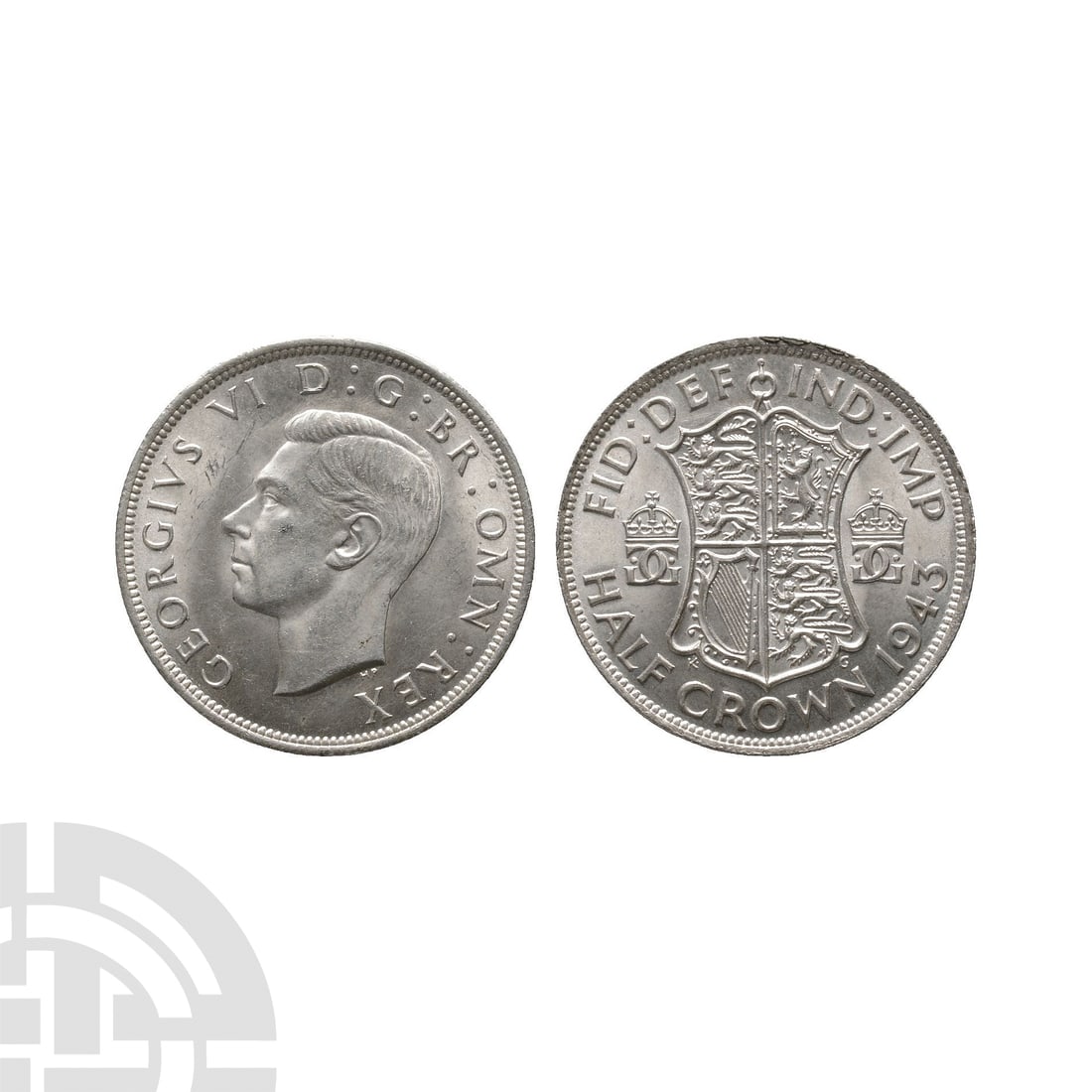 English Milled Coins - George VI - 1943 Halfcrown: Dated 1943 A.D. Obv: profile bust with GEORGIVS VI D G BR OMN REX legend. Rev: arms flanked by crowned monograms with FID DEF IND IMP HALF CROWN legend and date. S. 4080. 14.17 grams. . Property of an