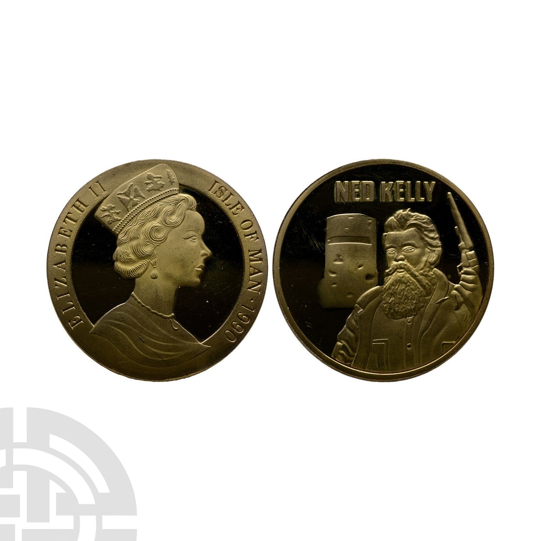English Milled Coins - Isle of Man - Elizabeth II - 1990 - Gilt AR Crown: Dated 1990 A.D. Obv: portrait of Queen Elizabeth II facing right, ELIZABETH ISLE OF MAN 1990 legend. Rev: bust of Ned Kelly facing slightly left holding pistol, NED KELLY legend above. Not recorded fo