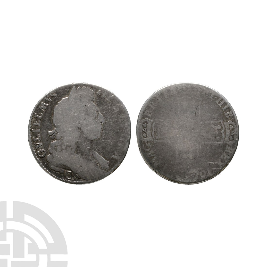 English Milled Coins - William III - 1696/7 - Chester Halfcrown: Dated 1696/7 A.D. Dated 1696/7, first bust. Obv: profile bust with C below for Chester mint with GVLIELMVS III DEI GRA legend. Rev: cruciform shields with date and MAG BR FRA ET HIB REX legend. S. 348
