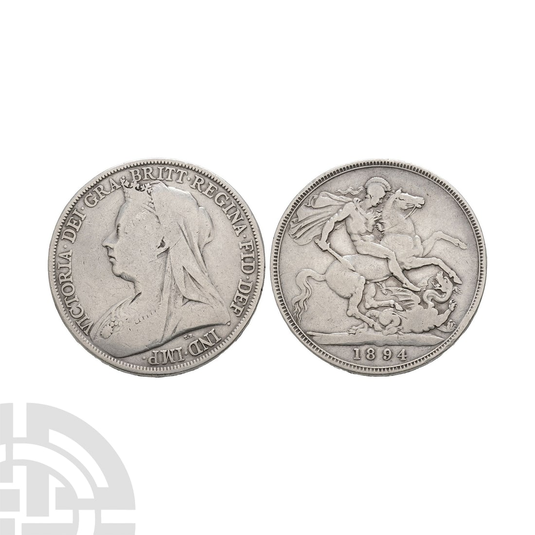 English Milled Coins - Victoria - 1894 LVIII - Old Head AR Crown: Dated 1894 A.D. Obv: profile bust with VICTORIA DEI GRA BRITT REGINA FID DEF IND IMP legend. Rev: St George and dragon with date in exergue. Edge: with raised DECUS ET TUTAMEN ANNO REGNI LVIII inscrip