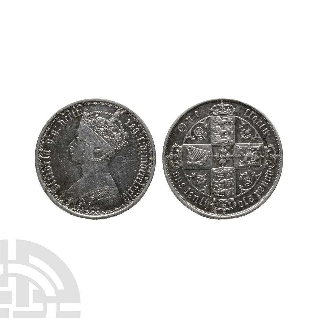 English Milled Coins - Victoria - 1873 (MDCCCLXXIII) Die 47 - Gothic Florin: Dated 1873 A.D. Type B3. Obv: profile bust with small die number 186 below and Gothic script 'Victoria d g britt reg f d mdccclxxiii' legend. Rev: cruciform shields and emblems with Gothic script 'One