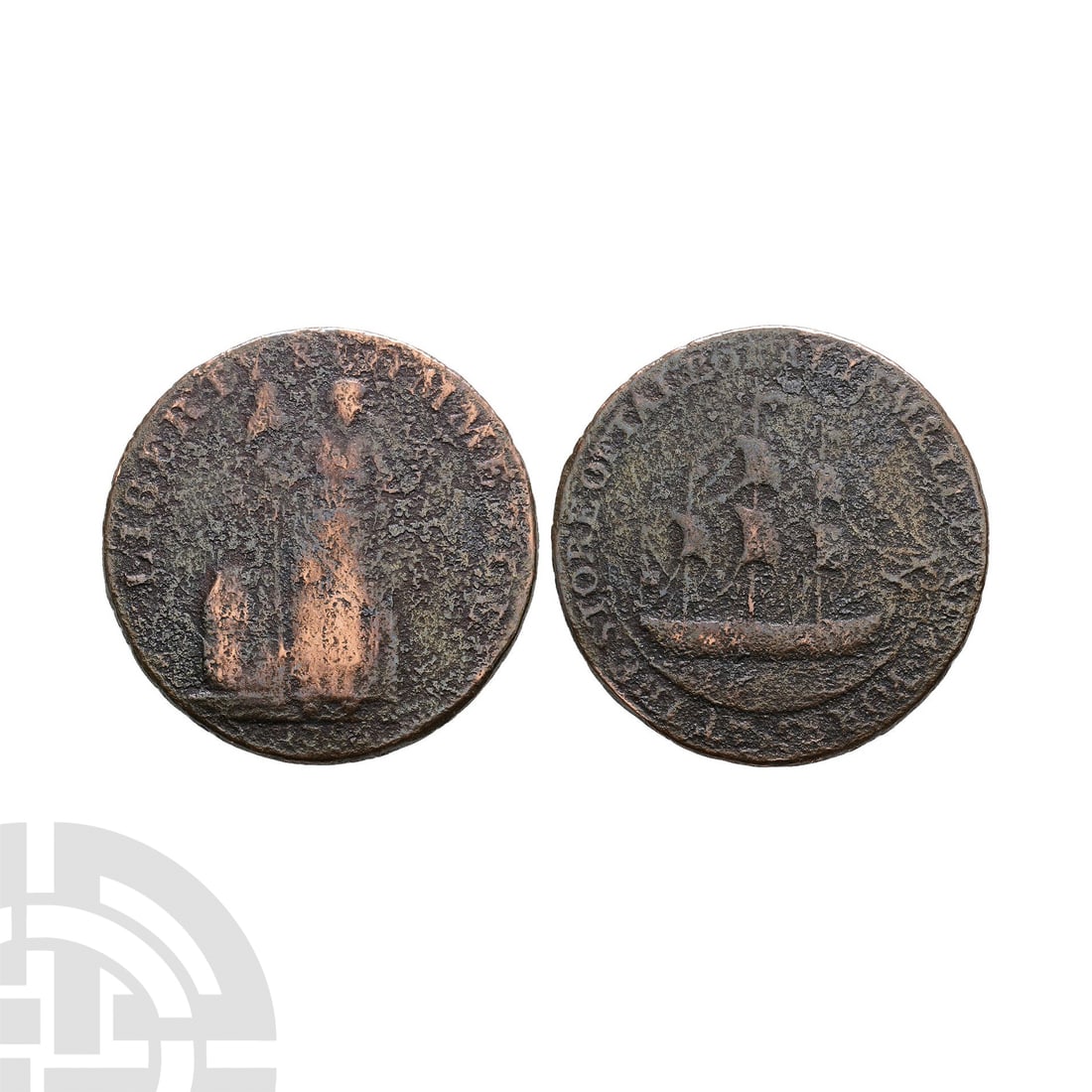 World Tokens - USA - New York - Talbot Allum and Lee - 1795 - Token Cent: Dated 1795 A.D. Copper. Obv: Commerce standing holding Liberty Cap on pole left with bale behind and LIBERTY & COMMERCE legend; date in exergue. Rev: sailing ship with AT THE STORE OF TALBOT ALLUM & L
