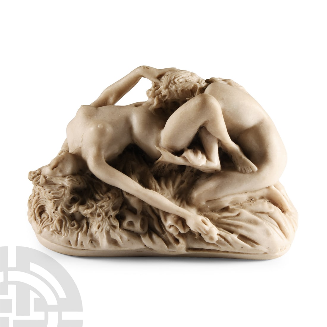 Composite Stone Erotic Statuette by Jef Lambeaux: 20th century A.D.. Erotic miniature of two women, with signature to base 'J M Lambeaux' and inset stamp to underside 'St Petersburg, 1882'. 421 grams, 10.9 cm (3/4 in.). Ex M.T. collection, London, UK