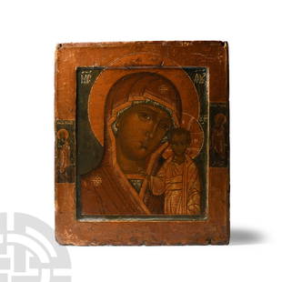 Russian Wooden Icon with Virgin of Kazan: 17th-18th century A.D.. Painted on board with mounting panels to the reverse, gessoed surface with central painting of the Virgin of Kazan (also called the Virgin of Tenderness) in a recess,