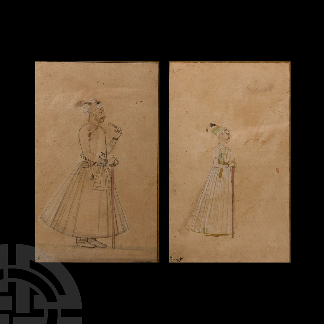 Framed Watercolour Painting Pair by Assad Irani: Persia, early 19th century A.D.. Each showing a nobleman standing right, leaning on a sword, concentric borders and gold-coloured stipple-effect, signed by an Iranian artist Assad Irani; both mounted 