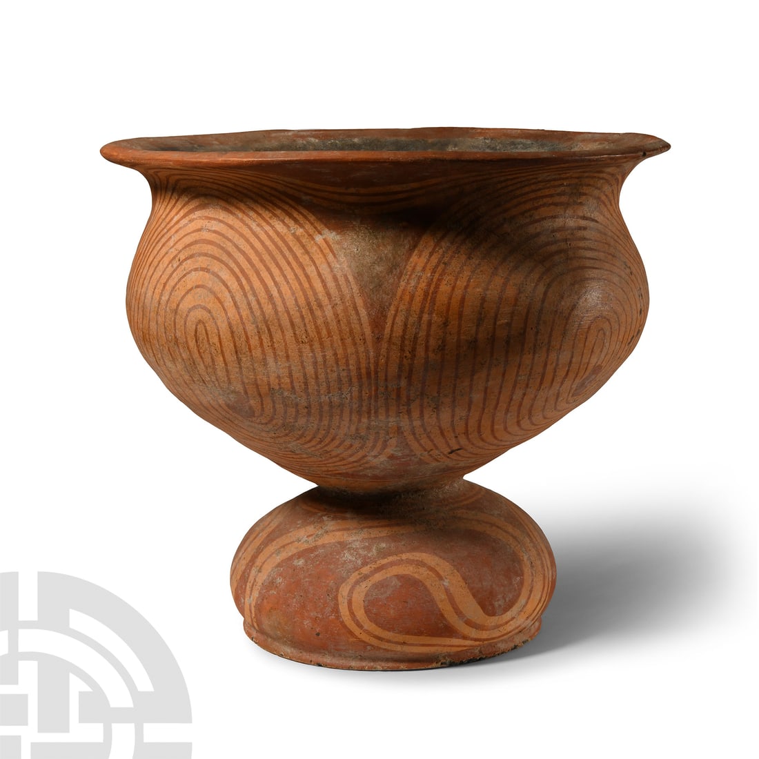 Large Ban Chiang Period Painted Chalice: Middle Period, 900-300 B.C. Formed as a broad upper bowl with flared rim atop a smaller inverted bowl at the base; upper bowl decorated with dense series of interlocking spiral motifs, the base with l