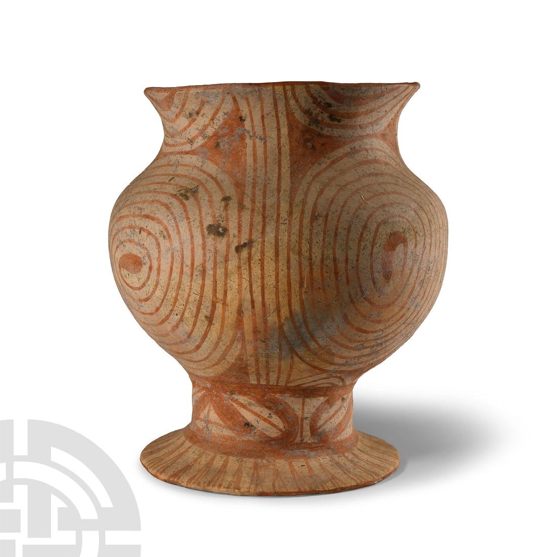 Ban Chiang Period Painted Chalice: Middle Period, 900-300 B.C. With globular upper body and everted rim, trumpet-shaped foot; decorated with series of interlocking spiral motifs and radiating lines to the foot. See Labbe, A., Prehistor