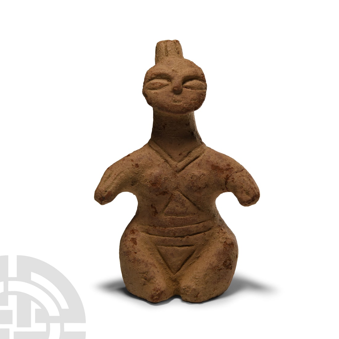Pre-Columbian Terracotta Figure: 20th century A.D. or earlier. With discoid face, long neck, stub arms and conical legs in seated pose; pairs of incised lines suggesting a necklace and girdle; applied brow and nose, almond-shaped eye