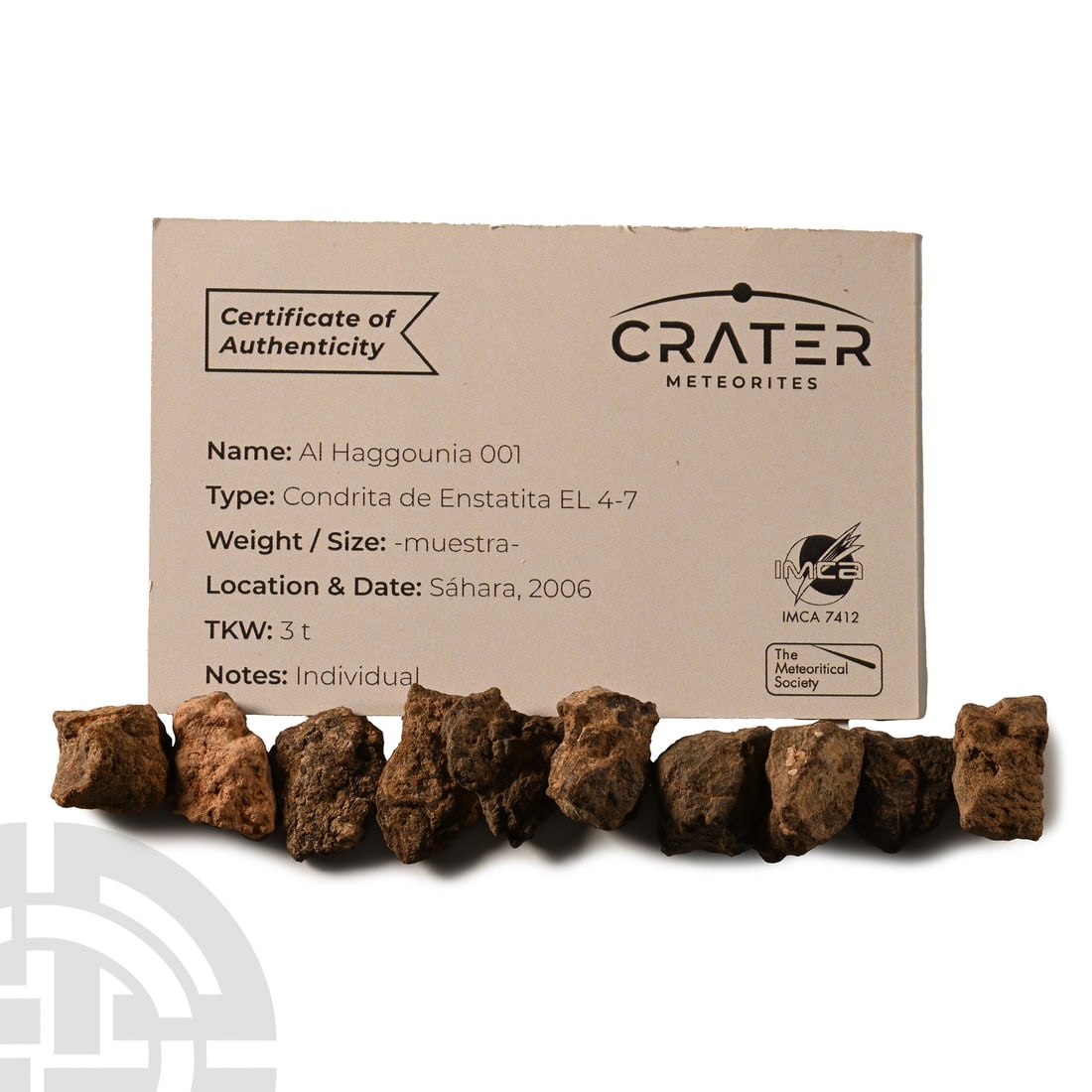 Natural History - Group of Al Haggounia 001 Meteorites: Found Sahara 2006 A.D.. Comprising ten variously sized samples. 17.6 grams total, 15.3-19.4 mm (1/2 - 3/4 in.). Ex Adrian Contreras, Crater Meteorites, Spain.Property of an East Sussex, UK, gentleman.