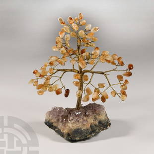 Natural History - Citrine Gem Tree on Amethyst Crystal Geode Section.: The irregular geode matrix with lavender coloured amethyst crystals; the metal branches tipped with polished light-coloured citrine pebbles. 727 grams, 18.3 cm (7 1/8 in.). From Brazil.Ex Mineral