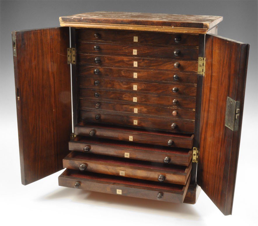 Antique Veneered Collector Cabinet: 19th century AD Collector cabinet, with two banded veneered side-hinged doors, original lock (no key) and bolt; having 12 shallow drawers with twin wood pulls, each 290 mm wide by 175 mm by 12 mm deep