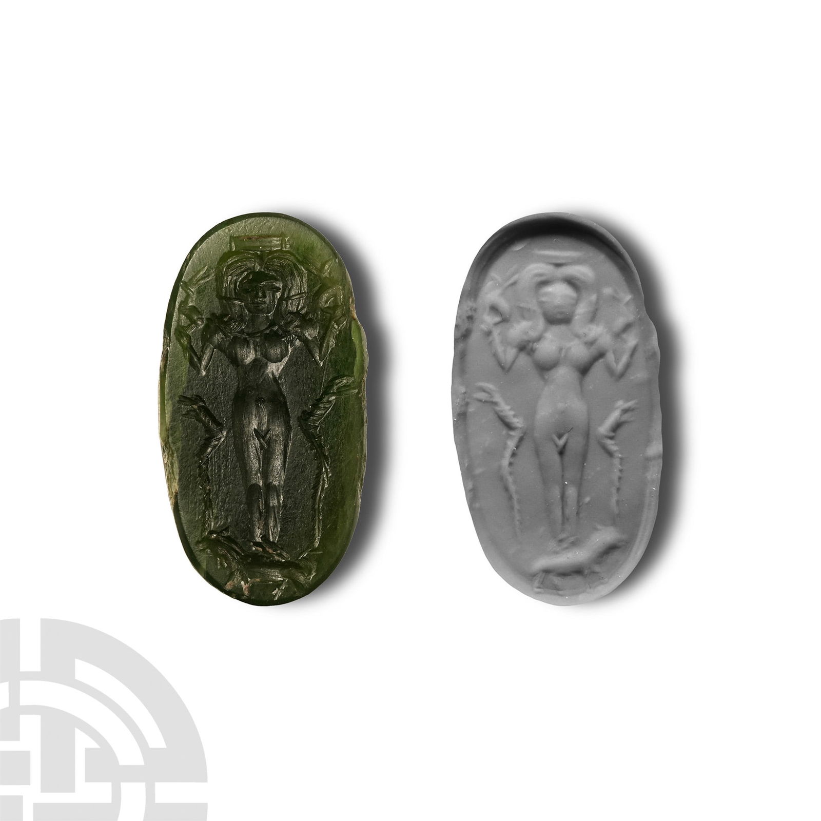 Roman Gnostic Green Gemstone: 2nd-3rd century A.D. Ellipsoid with intaglio nude female flanked by serpents; supplied with a museum-quality impression. 2.41 grams, 25 mm (1 in.). From the glyptic collection of Mr X; thence by desce