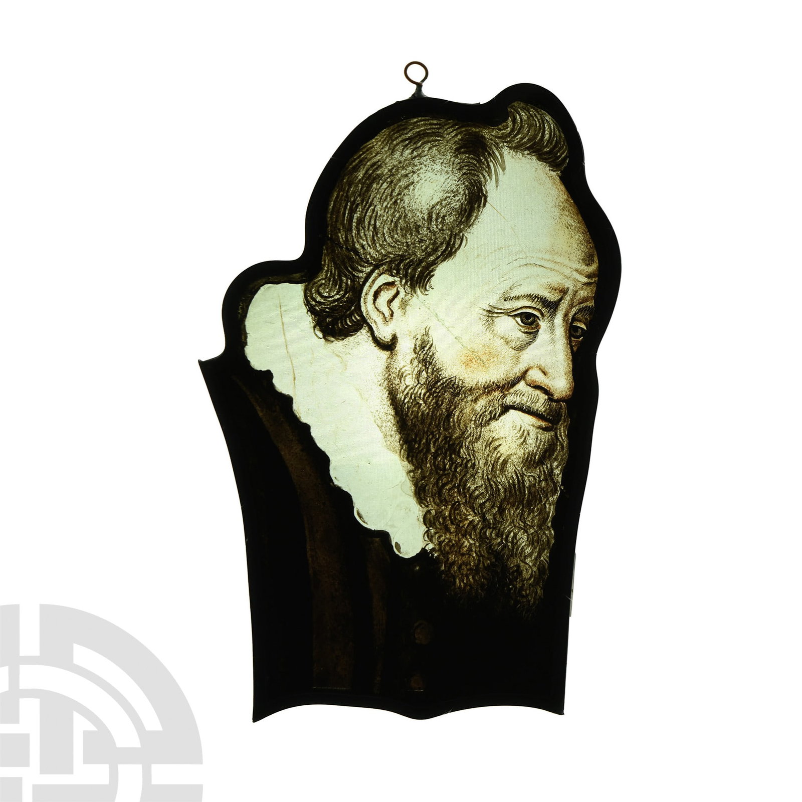 Renaissance Stained Glass Panel with Head of a Male Donor: Northern France, circa 1600 A.D. Irregular panel with lead frame, detailed portrait of a bearded male with short hair, wearing a shirt with folding collar and dentilled hem, repaired. 188 grams, 23 cm
