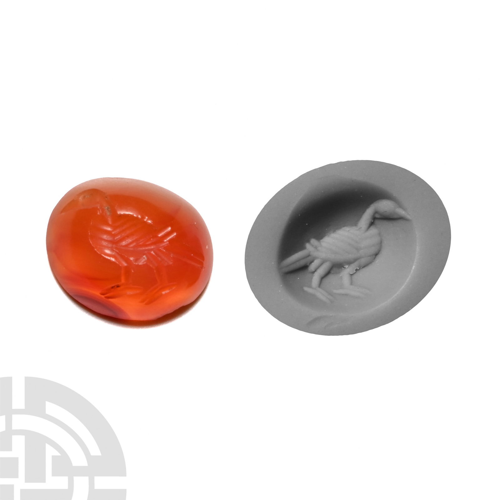Sassanian Carnelian Eagle Gemstone: Circa 3rd-4th century A.D. Eagle standing with wings folded, neck extended; supplied with a museum-quality impression. 0.46 grams, 10 mm (3/8 in.). From the collection of a Swiss gentleman formed in E