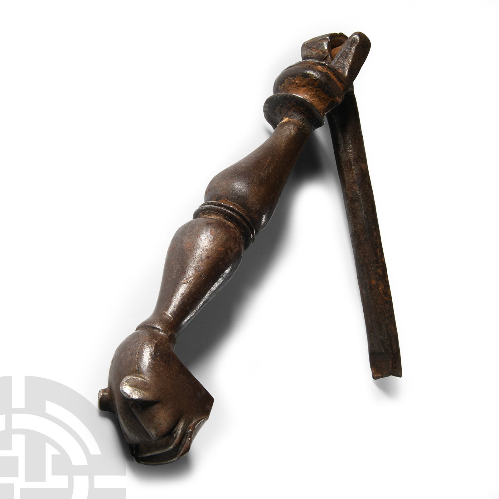 Iron Door Knocker with Cat Head: Spain, 16th-17th century A.D. Hinged with mounting spike, balustered shank with gusseted collar and zoomorphic finial. 588 grams, 31 cm (12 1/4 in.). Probably acquired Mallams, Abingdon, UK. Property 