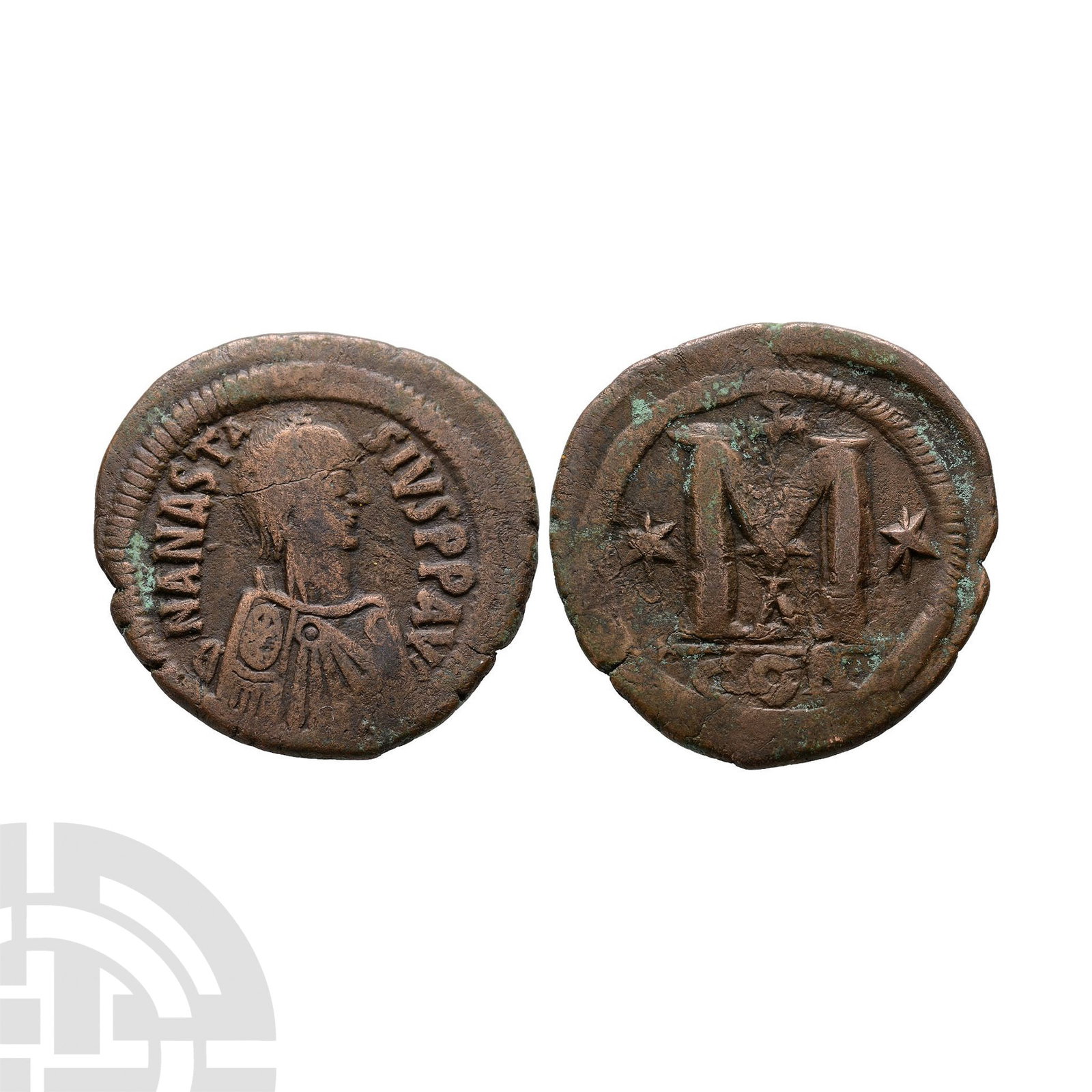Ancient Byzantine Coins - Anastasius I - Large AE Follis: 491-518 A.D. Obv: DN ANASTASIVS PP AVG, pearl diademed, draped, cuirassed bust right. Rev: large M, star to left, cross above, star to right, A below. Mintmark CON. SB 16, DOC 20a. 17.33 grams, 36 mm.