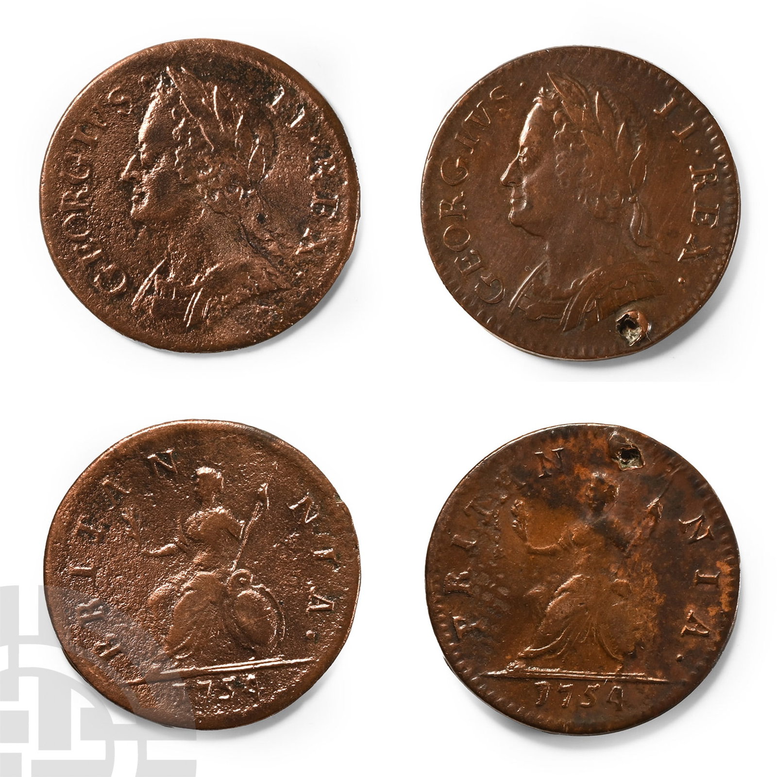 English Milled Coins - George II - AE Farthing Group [2]: Dated 1754 A.D. Obvs: profile bust with GEORGIVS II REX legend. Revs: seated Britannia with BRITANNIA legend; date in exergue. S. 3722; Peck 892. 8.64 grams total, 23 mm each. . From the private colle