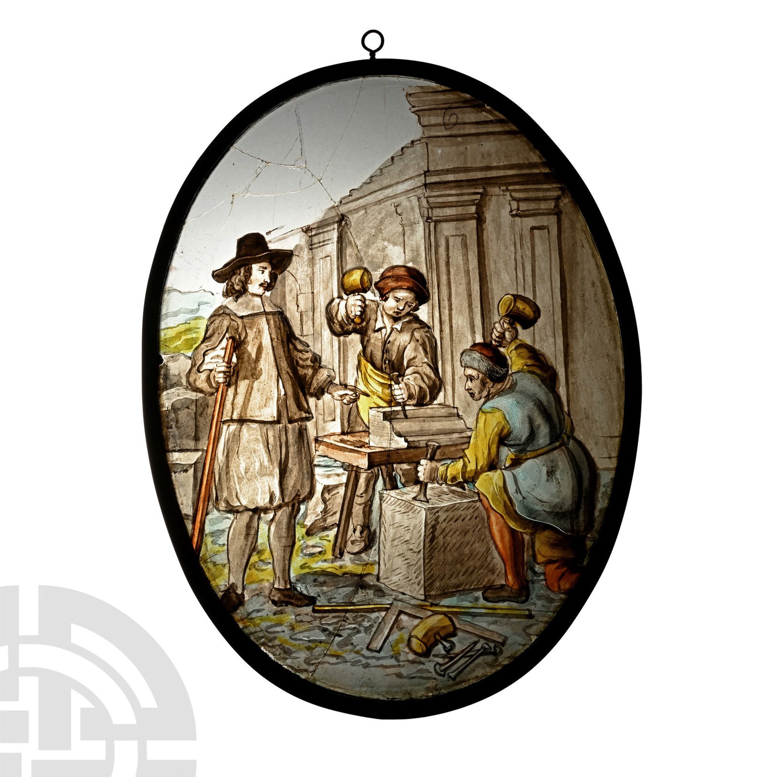 Stained Glass Panel of an Architect Inspecting the Work of Masons (1 of 1)