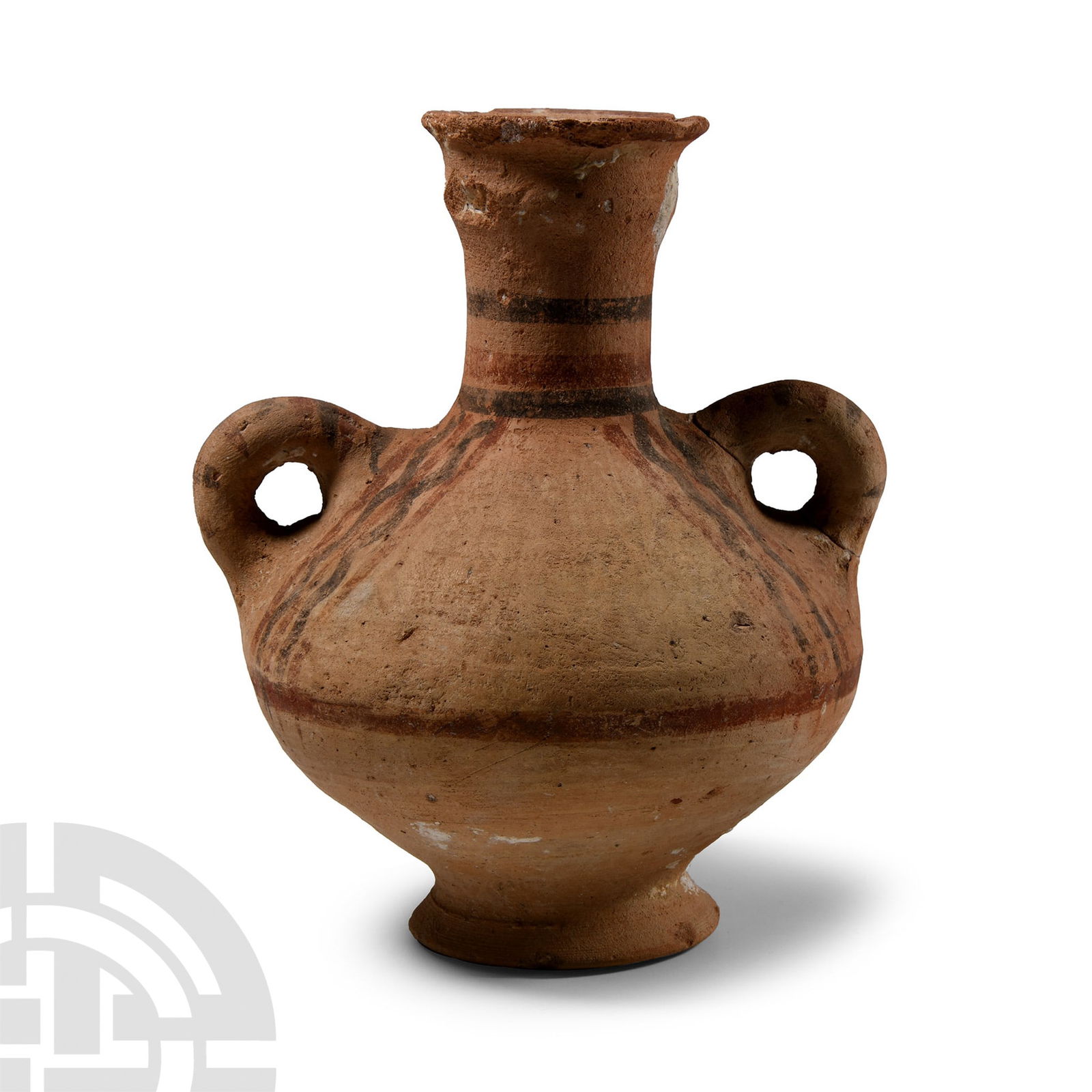 Cypriot Terracotta Double-Handled Flask: Middle Bronze Age, 2000-1650 B.C.. Biconvex in profile with small flared foot, trumpet-shaped mouth and two lateral loop handles to the shoulder; painted ring and geometric detailing; repaired. 509 gr