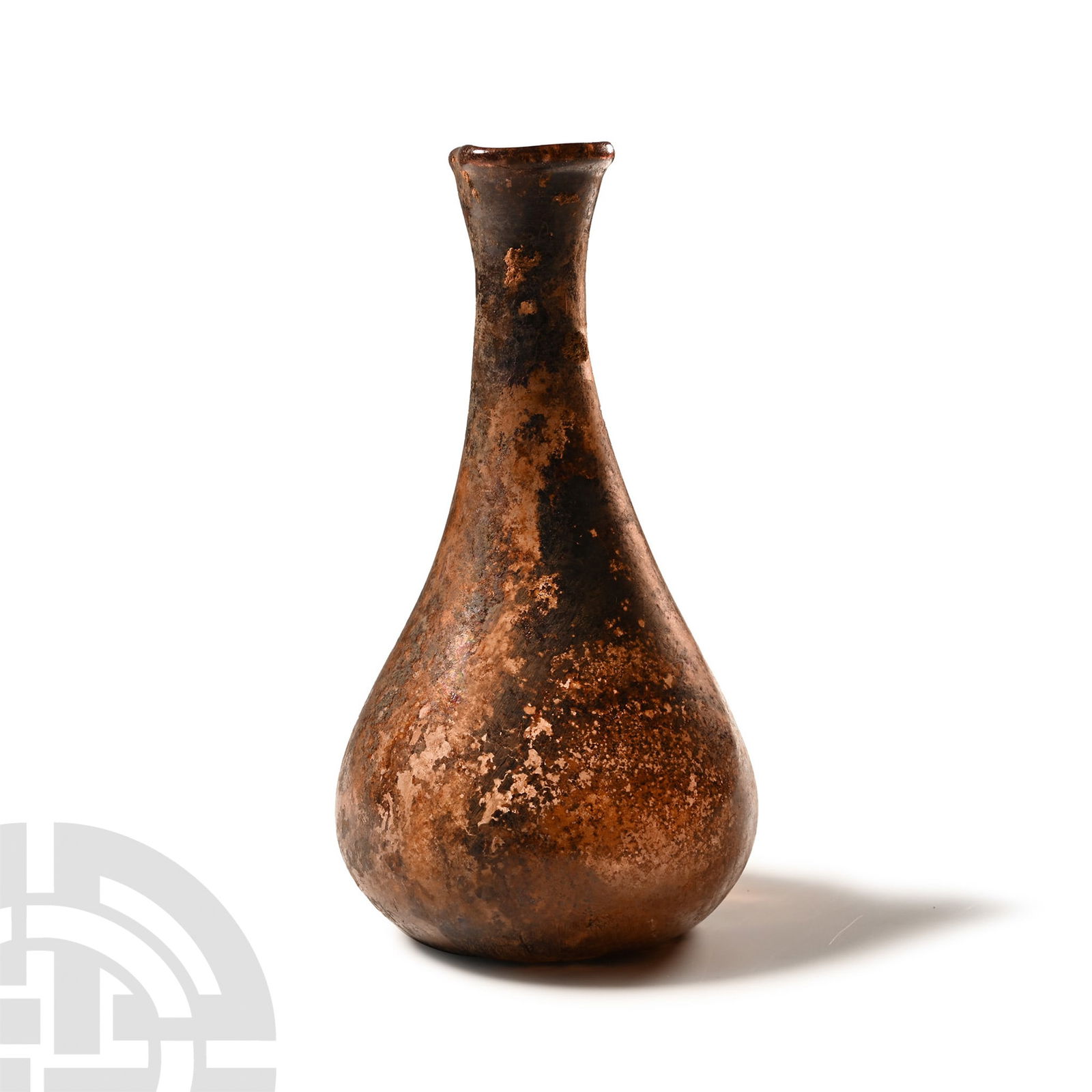 Roman Aubergine Glass Flask: 1st-3rd century A.D.. With piriform body, dimpled base, tapering tubular neck with pinched and everted rolled rim. Cf. Whitehouse, D., Roman Glass in the Corning Museum of Glass, vol.1, New York, 1997
