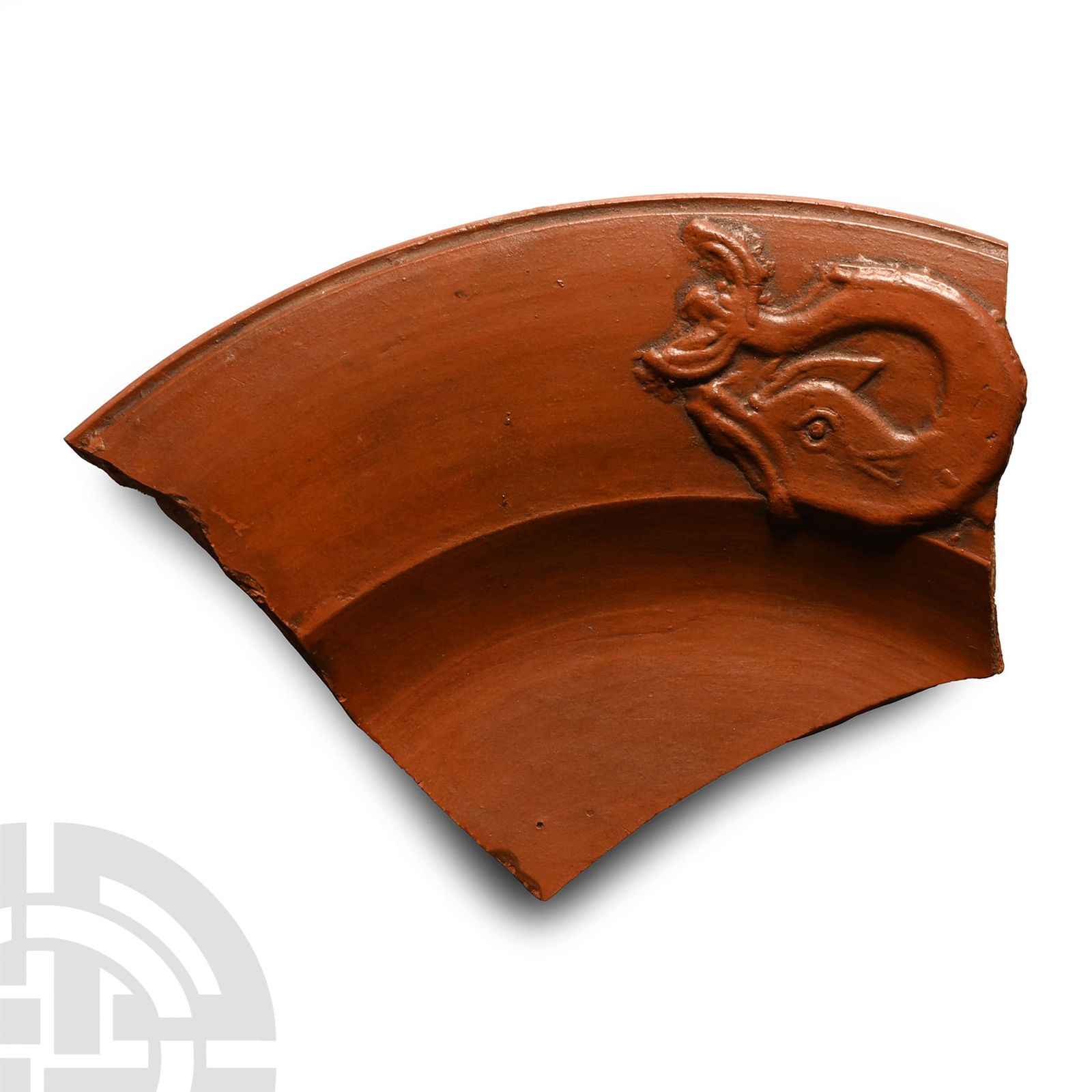 Roman Redware Plate Sherd with Dolphin: 4th-5th century A.D.. Section of the rim with carination below, high-relief dolphin with its tail curled over above its head. 77 grams, 13 cm (5 1/8 in.). From the collection of a late East Anglian te