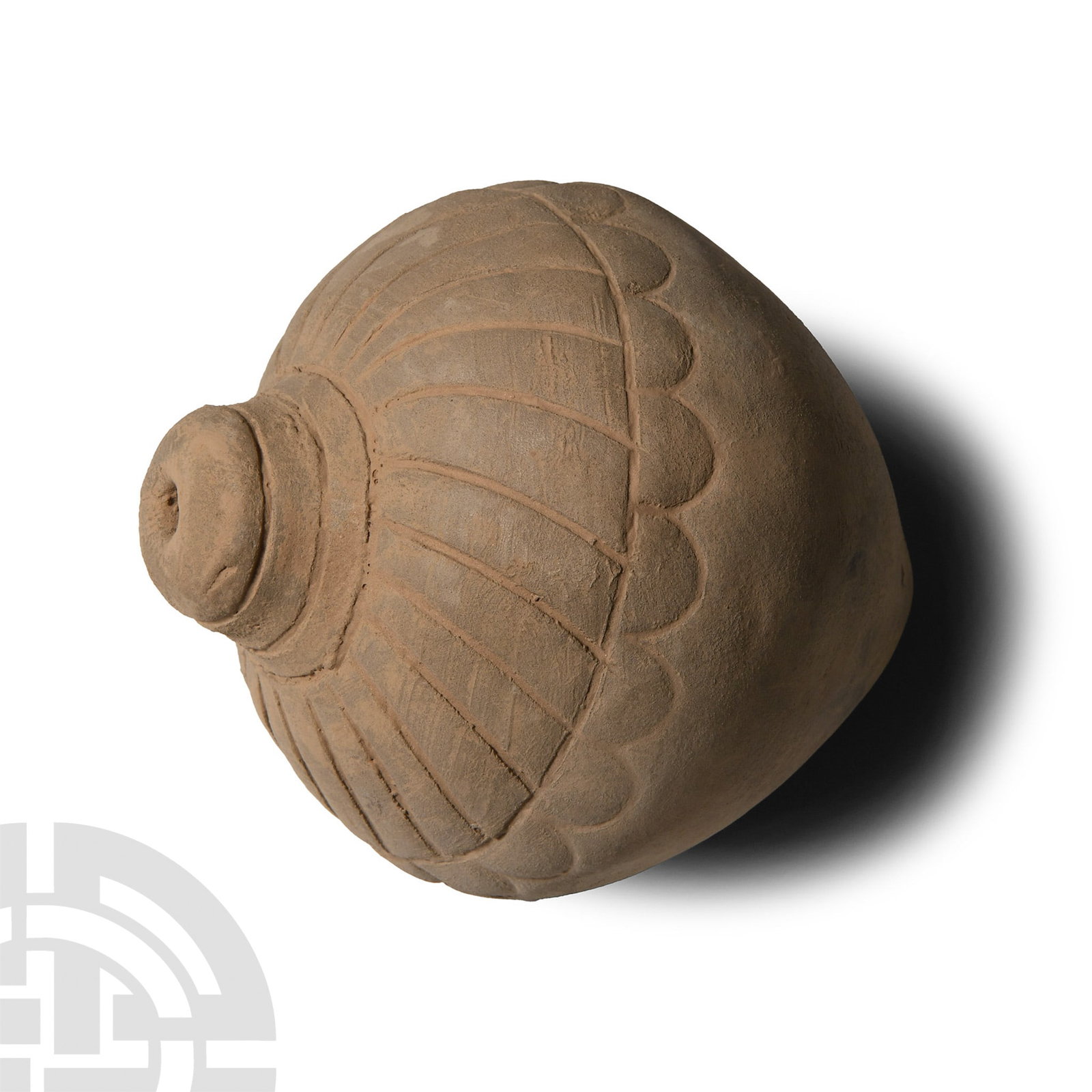 Byzantine 'Greek Fire' Ceramic Fire Bomb or Hand Grenade: 9th-11th century A.D.. Piriform body with domed filler-hole, radiating lines surrounding the filler hole; intended to be filled with explosive liquid and wick, used as a hand grenade. Cf. Arendt, W. I
