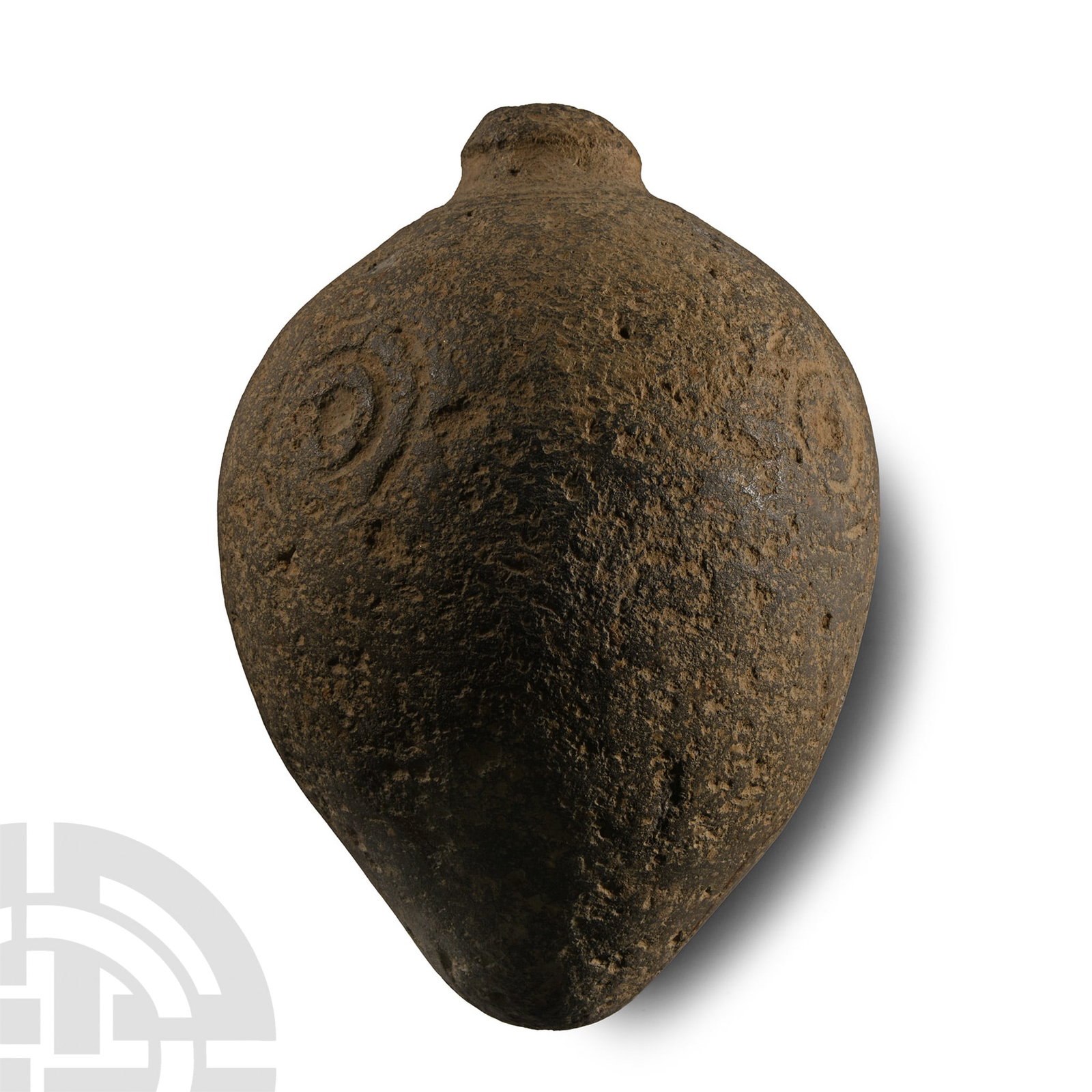 Byzantine 'Greek Fire' Ceramic Fire Bomb or Hand Grenade: 9th-11th century A.D.. Piriform body decorated from concentric circles, with domed filler-hole, intended to be filled with explosive liquid and wick, used as a hand grenade. Cf. Arendt, W. I., Granate