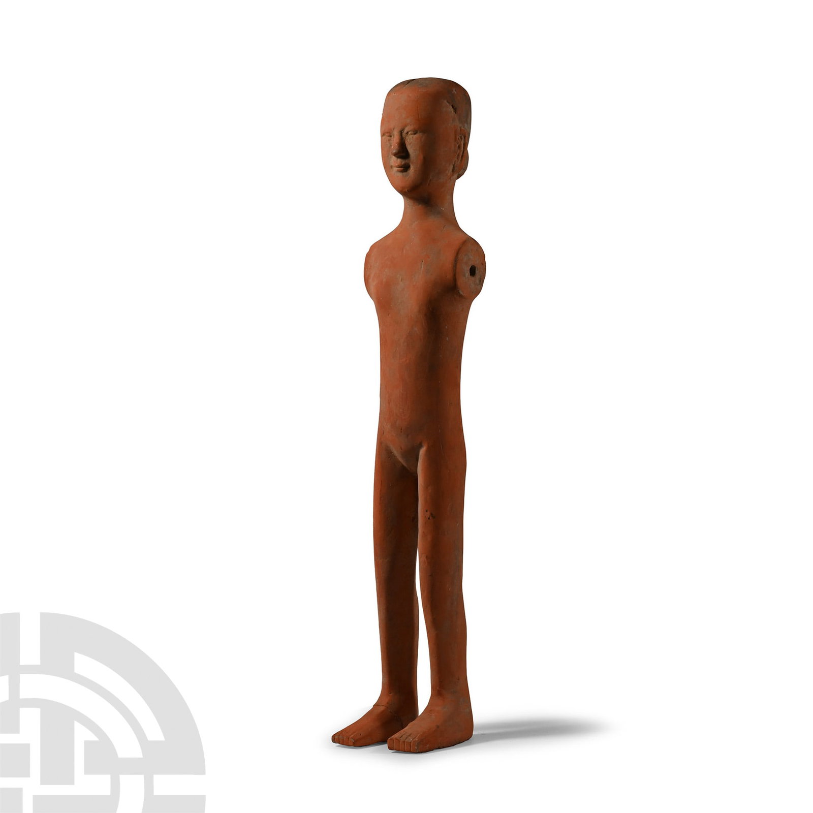Chinese Han Ceramic Stick Figure: Han Dynasty, 206 B.C.-220 A.D. or later. An unglazed nude figure with black hair dressed in a low bun, sockets to the shoulders to accept posable arms; repaired. 1.7 kg, 45.5 cm (18 in.). From a West 