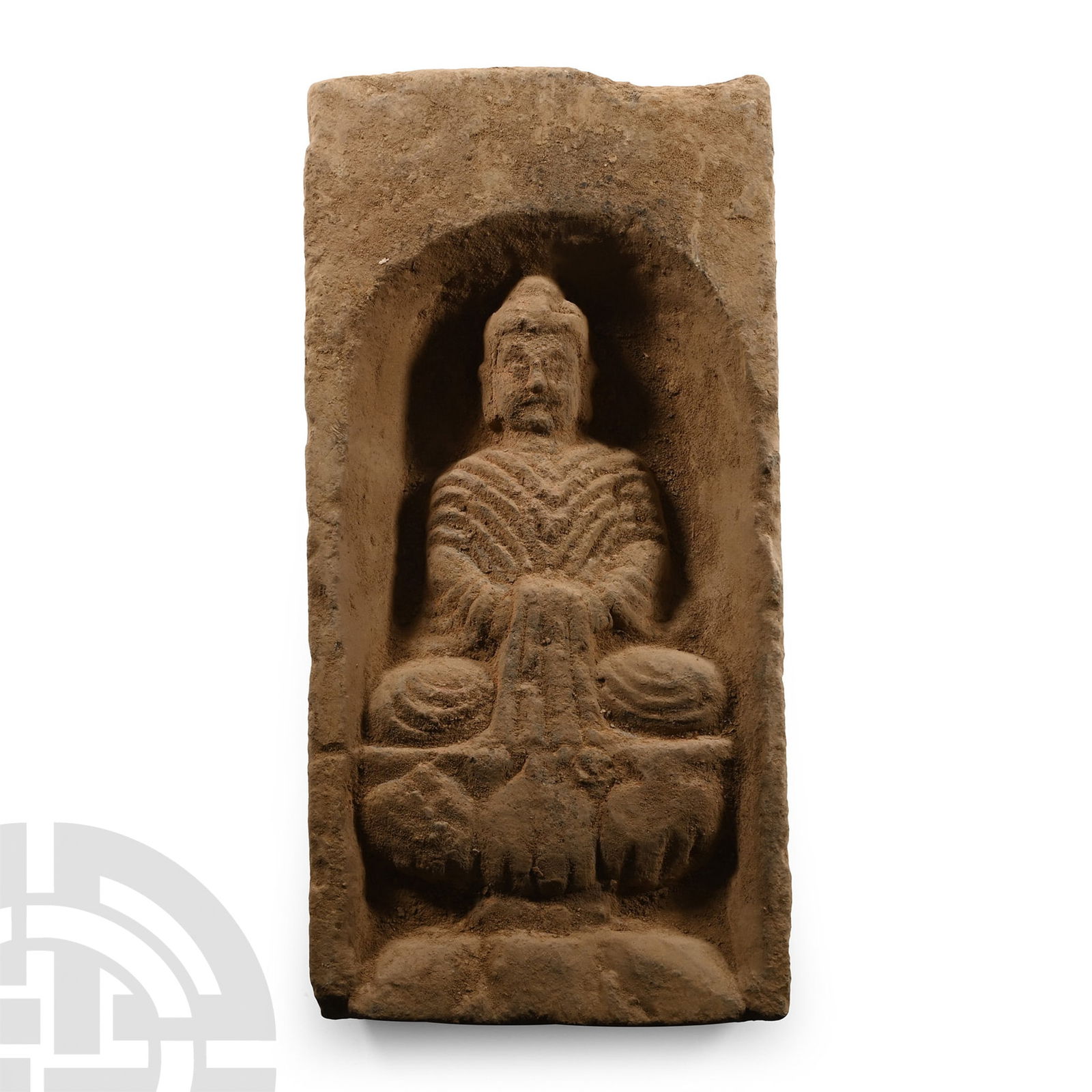 Chinese Wei Terracotta Buddha Brick: Northern Wei, 386-534 A.D. or later. Seated in a lotus pose on a low throne, his robe draped at the chest and legs. 3.16 kg, 28.5 cm (11 1/4 in.). Ex Hong Kong collection, 1990s. From a London, UK, co