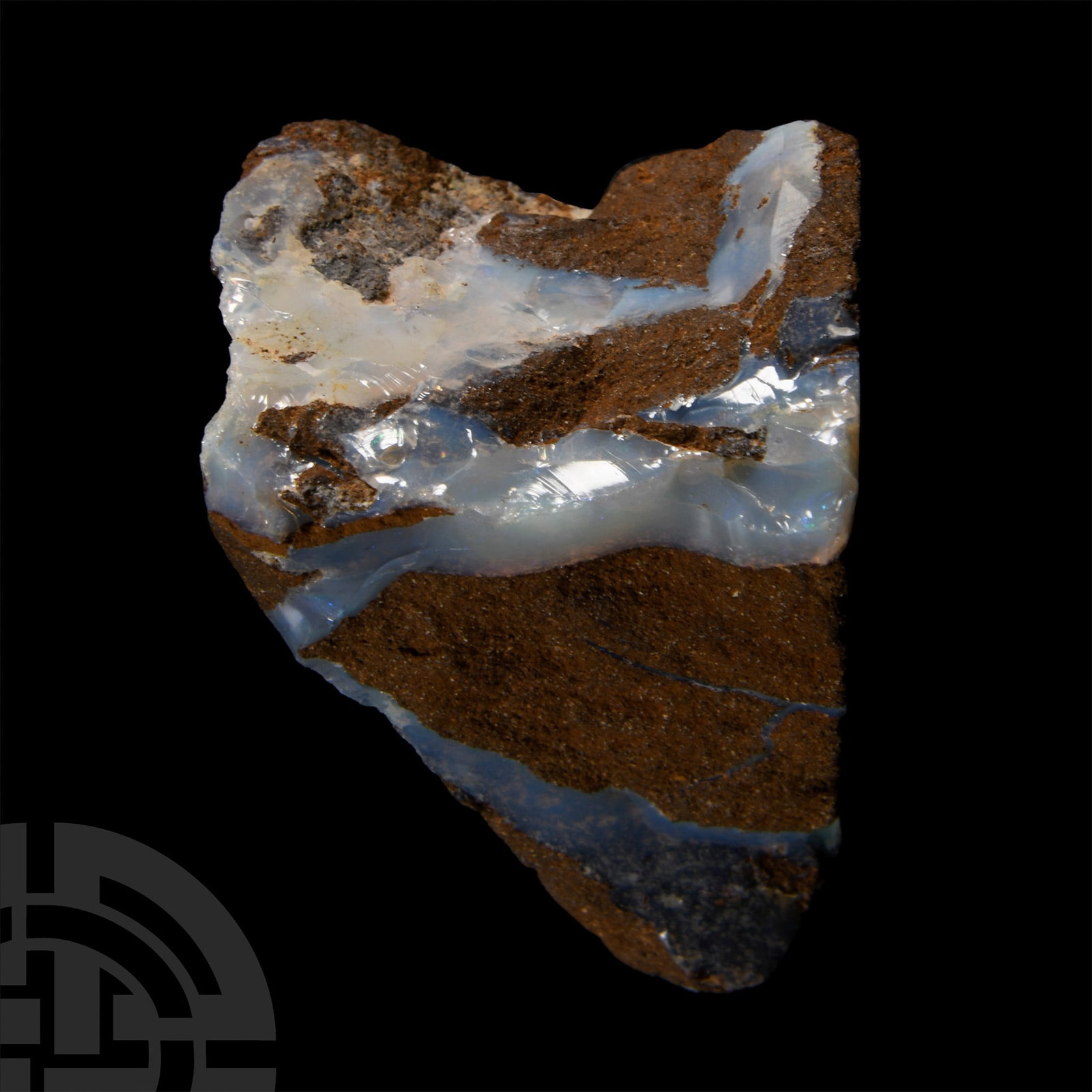 Natural History - Historic 'Australia' Boulder Opal Mineral Specimen.: The matrix showing pale sky-blue opal, collection number 425, with an old James Walker label. 34.8 grams, 39 mm (1 1/2 in.). Acquired on the UK mineral and fossil market, since 1970. From the historic