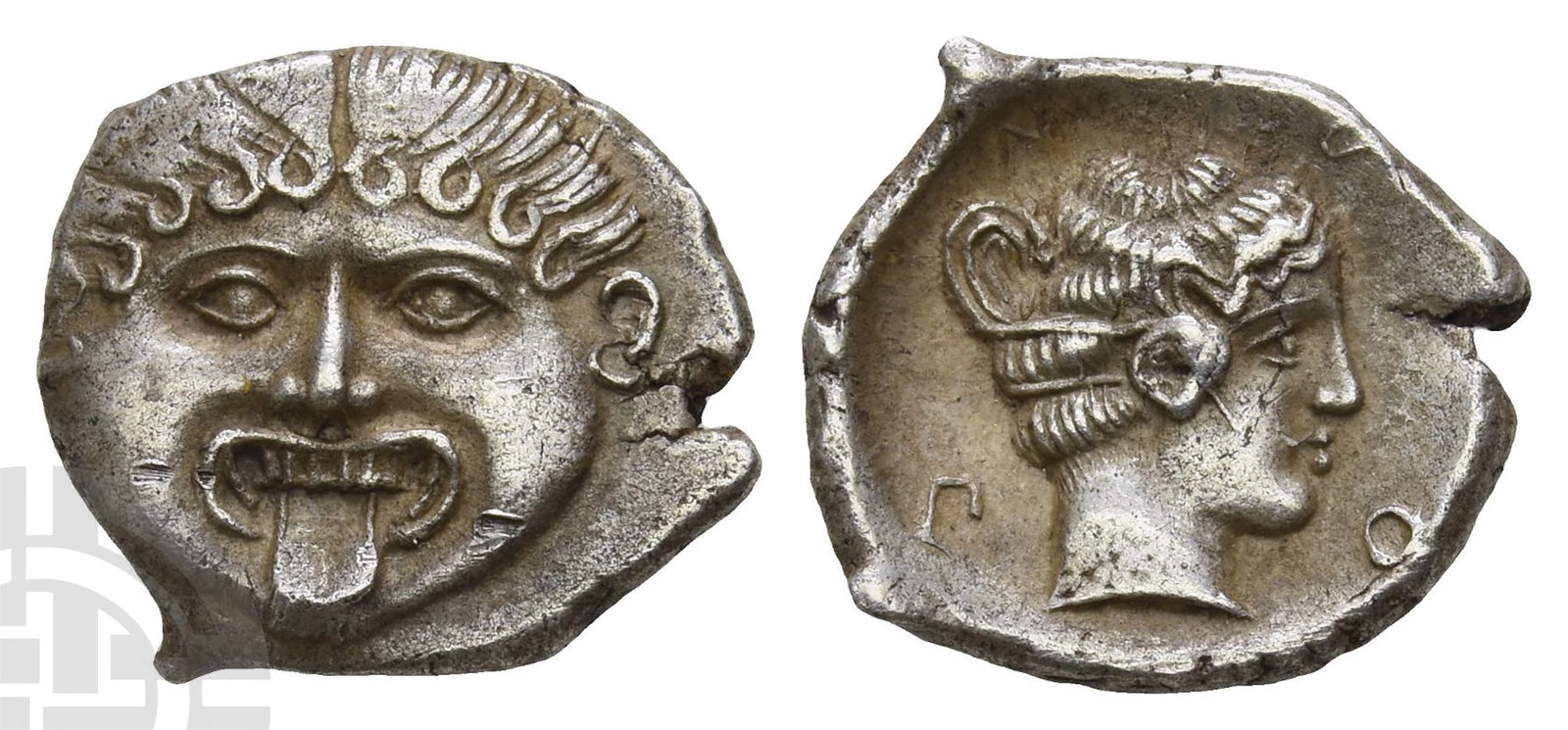 Macedon, Neapolis AR Hemidrachm.: Circa 375-350 BC.. Facing gorgoneion, with tongue protruding / Head of nymph to right, her hair coiled around her head and with a bun at the back; N-E-O-? around; all within circular incuse. SNG Copen