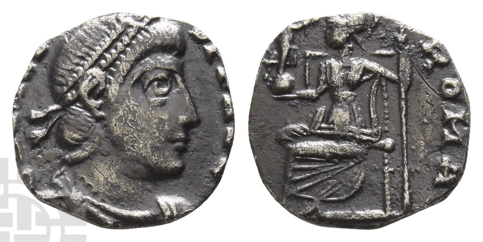 Valens AR Siliqua.: AD 364-378.. D N VALENS P F AVG, pearl-diademed, draped and cuirassed bust to right / [VRBS] ROMA, Roma enthroned to left, holding Victory on globe in her right hand and inverted spear in her left; un
