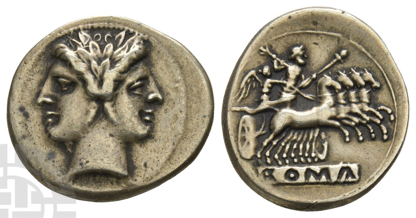 Electrotype of Anonymous AR Didrachm (Quadrigatus).: Circa 225-214 BC.. Laureate head of Janus / Jupiter standing in galloping quadriga driven by Victory to right, holding sceptre and reins, brandishing thunderbolt overhead; ROMA incuse on tablet below.