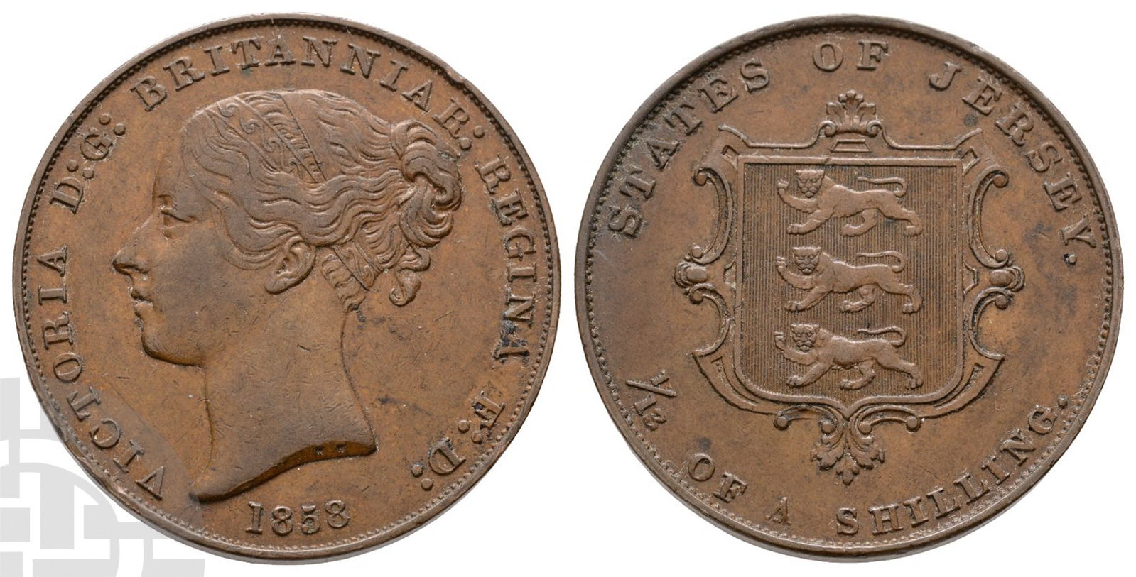 Jersey. Victoria AE 1/13th of Shilling.: Dated 1858.. VICTORIA D:G: BRITANNIAR: REGINA F:D:, young head facing to left, with hair banded; date below / STATES OF JERSEY. 1/13 OF A SHILLING, ornamented shield of the arms of Jersey. SCBC 7201. 