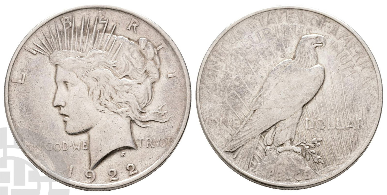 United States AR Peace Dollar.: Dated 1922.. IN GOD WE TRUST, radiate bust to left, date below, LIBERTY above / UNITED STATES OF AMERICA and E PLURIBUS UNUM, eagle on rock inscribed PEACE; across fields ONE DOLLAR. KM 150. 26.66gr, 
