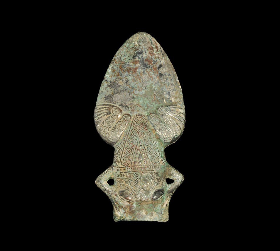Chinese Style Tinned Bronze Spear Head: An undated archaistic cast bronze spearhead with thick, triangular blade and elliptical-section socket with attachment loops to the sides; the blade and socket decorated with a stylised frog to each f